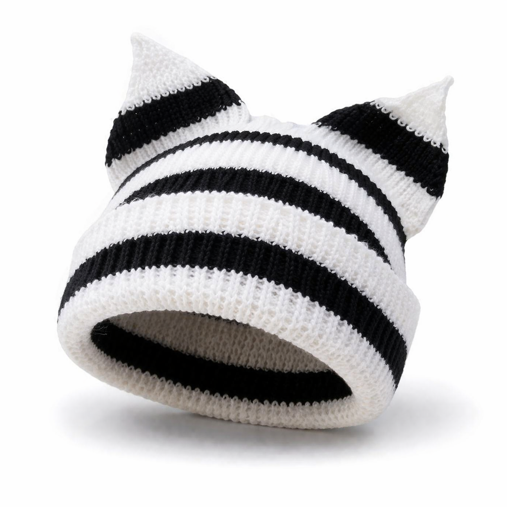 Cat Ear Beanie Knit Hat Cuffed Ribbed Cat Ears Winter Beanie Black