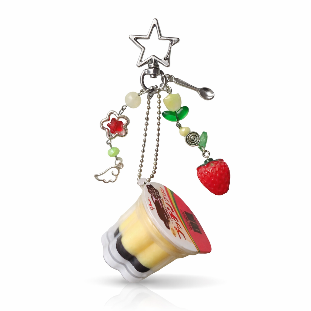 Cute Yogurt Cup Charm Keychain – Kawaii Strawberry Bead Bag Charm